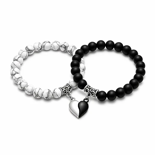 Couple Heart Charm Natural Stone Beaded Bracelet S...