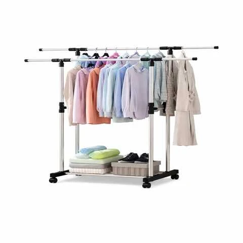 2 Layer Stainless Steel Clothes Hanging Rack with...