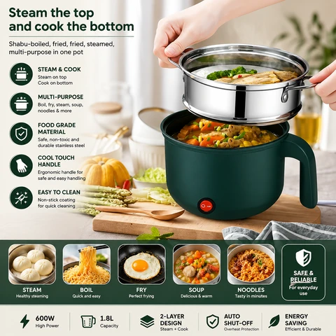 1.8L Multifunction Electric Cooking Pot with Steamer 600W Rice Cooker Hot Pot