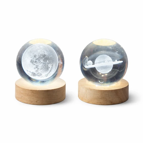 3D Crystal Ball Moon Galaxy LED Night Light – 6cm USB Table Lamp with Wooden Base