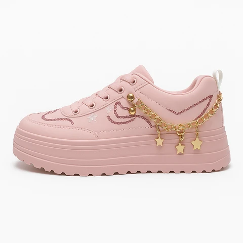 Women's Pink Platform Sneakers with Gold Charm Chain – Stylish Casual Fashion Shoes
