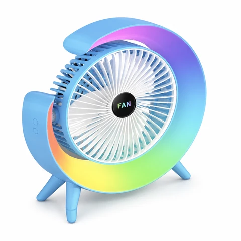 Mini Portable Desktop Fan with RGB LED Night Light – USB Rechargeable Adjustable Cooling Fan